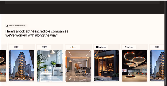 Website section showing logos and photos of office interiors of various companies with the heading, 'Here’s a look at the incredible companies we’ve worked with along the way!'