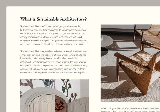 Page titled 'What is Sustainable Architecture?' with text describing sustainable architecture, alongside an image of a wooden chair with woven seat and backrest.