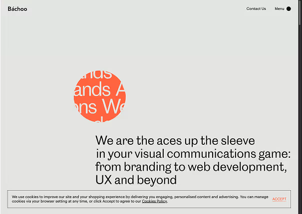 Website homepage with the text 'We are the aces up the sleeve in your visual communications game: from branding to web development, UX and beyond' on a light gray background with an orange circle containing partial white text.