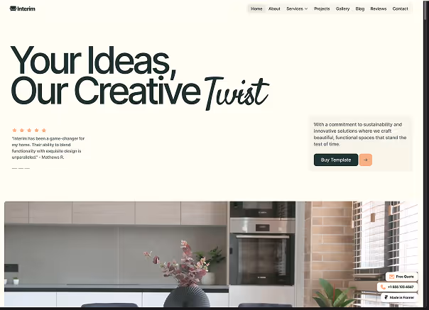 Website homepage for Interim showcasing the tagline 'Your Ideas, Our Creative Twist' with a modern kitchen image below and a call-to-action button to buy a template.