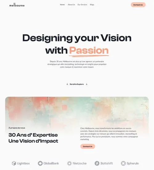Website homepage with the headline 'Designing your Vision with Passion,' navigation links, and company information emphasizing 30 years of expertise and strategic marketing services.