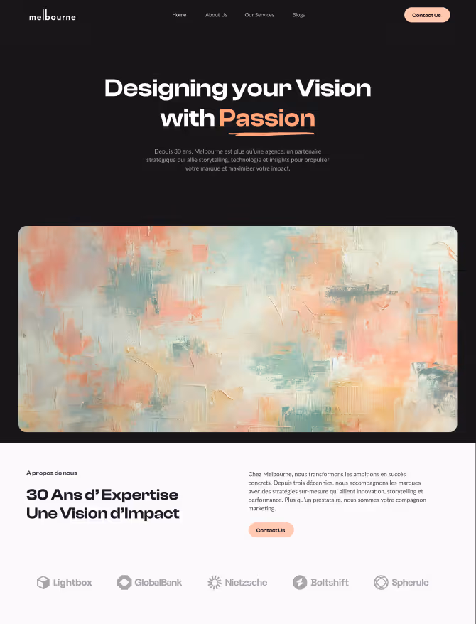 Website homepage with text 'Designing your Vision with Passion' and abstract pastel-colored artwork, featuring company info and logos.
