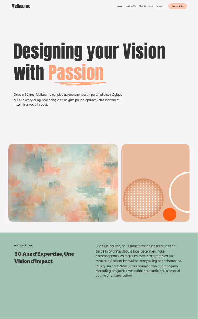 Website homepage with headline 'Designing your Vision with Passion' in bold text, featuring abstract art and geometric design blocks, and French text about Melbourne's 30 years of expertise in strategic marketing and storytelling.