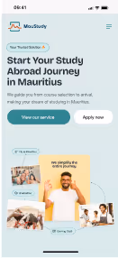 Mobile app screen showing a study abroad service in Mauritius with options to view services or apply now.